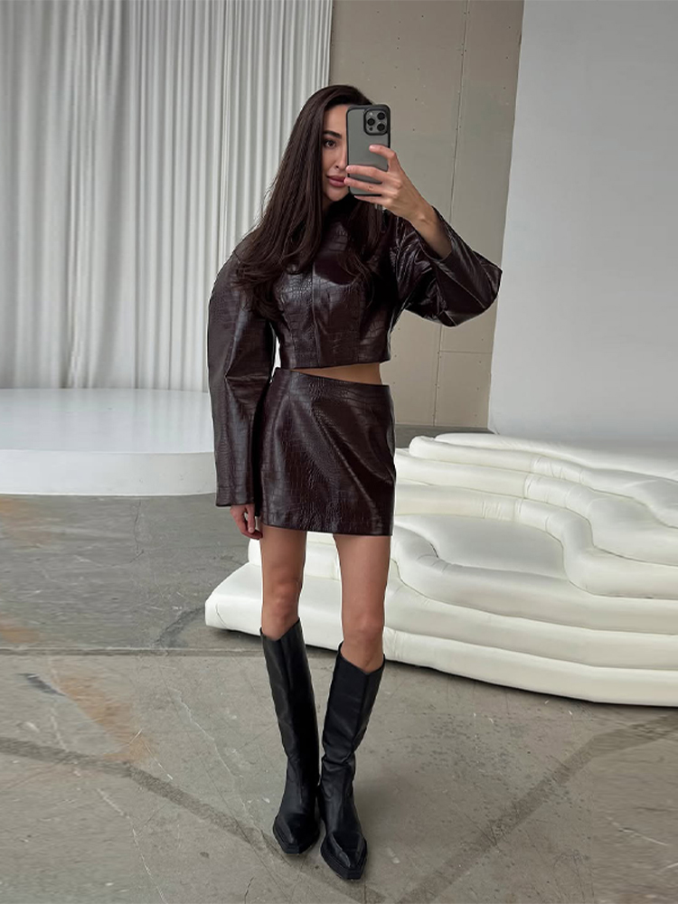 Women'S Fashion Leather Jacket - Conjunto Feminino de 2 Peças: Jaqueta