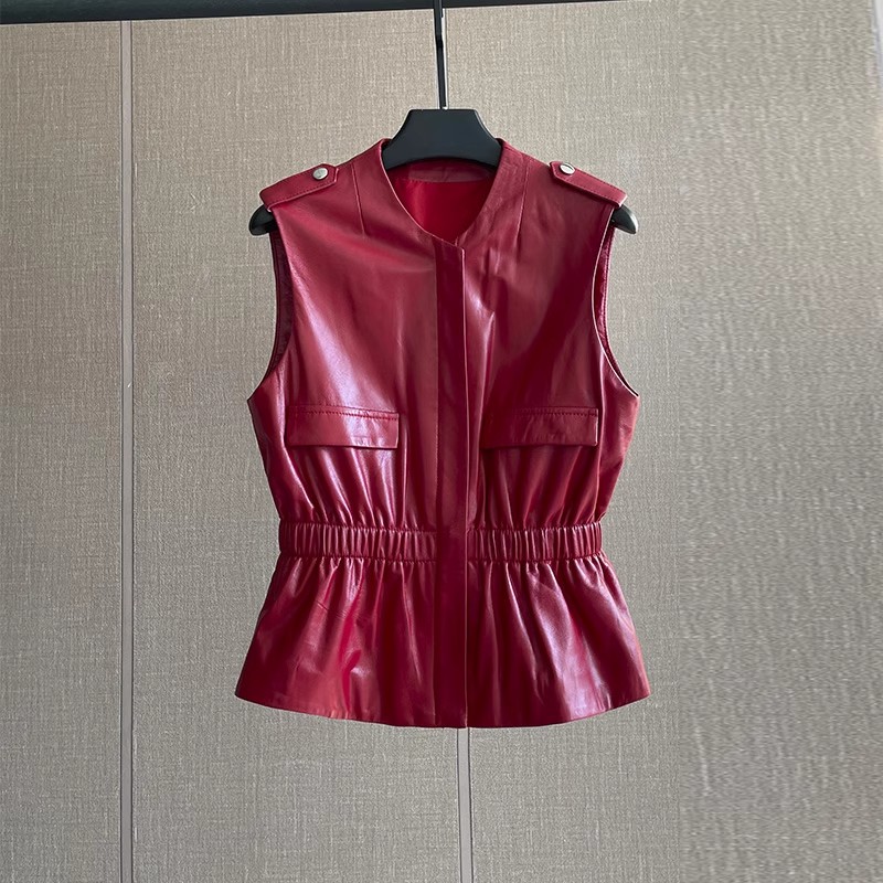 Women'S Fashion Leather Jacket - Colete Feminino de Couro Genuíno Vermelho