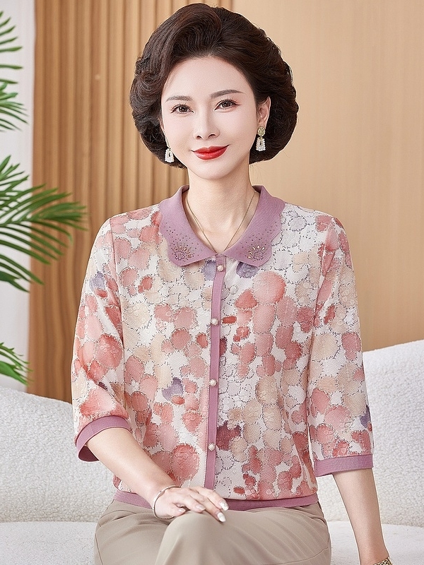 Women Fashion Over 60 - Camiseta de Malha Estampada Elástica de
