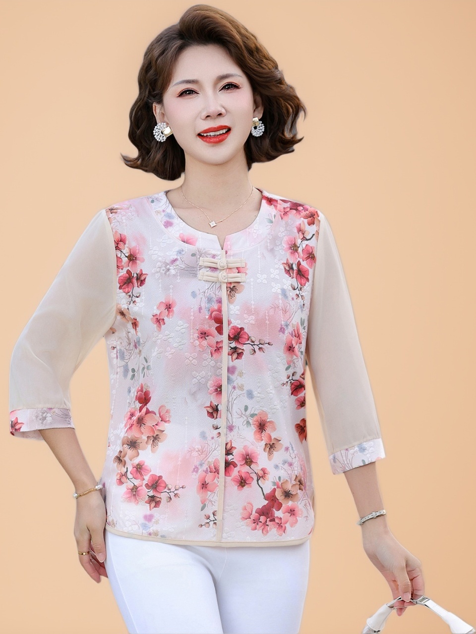 Women Fashion Over 60 - Nova Camiseta de Seda Estilo Chinês