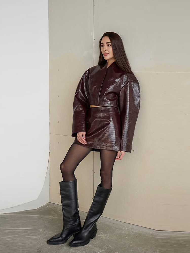 Conjunto Feminino de 2 Peças:  - Women'S Fashion Leather Jacket avaliação e preço
