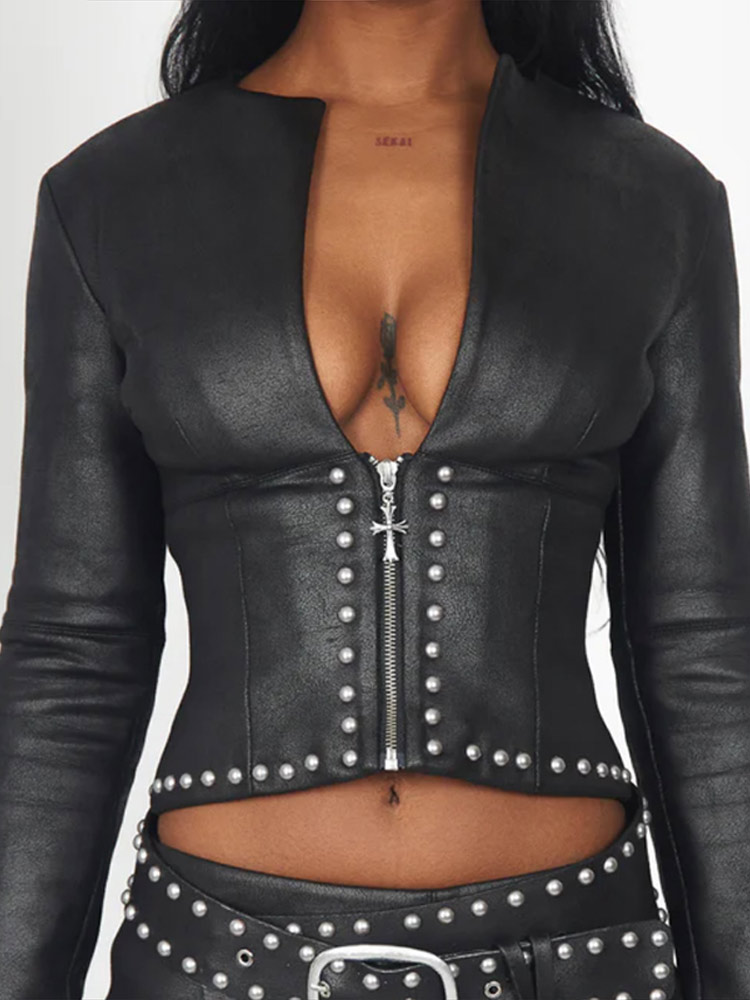 Conjunto Feminino de 2 Peças:  - Women'S Fashion Leather Jacket avaliação e preço