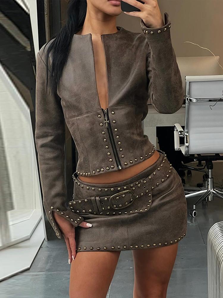 Conjunto Feminino de 2 Peças:  - Women'S Fashion Leather Jacket avaliação e preço