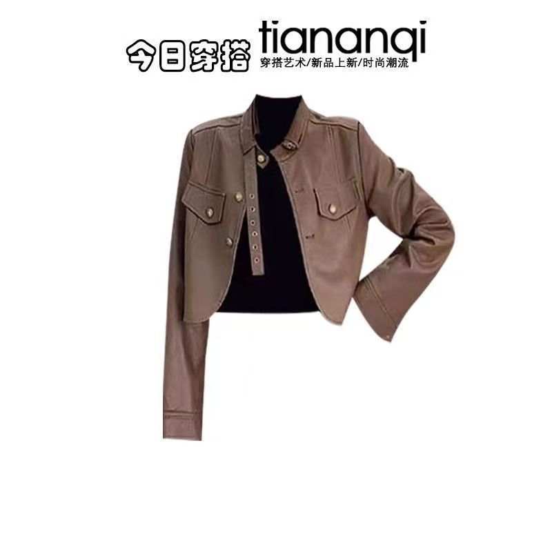 Moda feminina conjunto primave - Women'S Fashion Leather Jacket avaliação e preço
