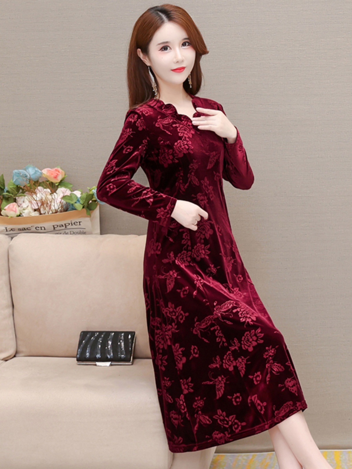 Vestido Elegante de Veludo com - Women Fashion Over 60 avaliação e preço